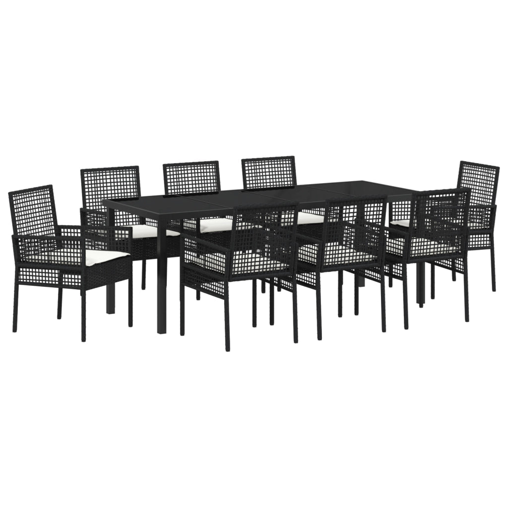 Set da Pranzo Giardino 9 Pezzi con Cuscini Nero Rattan