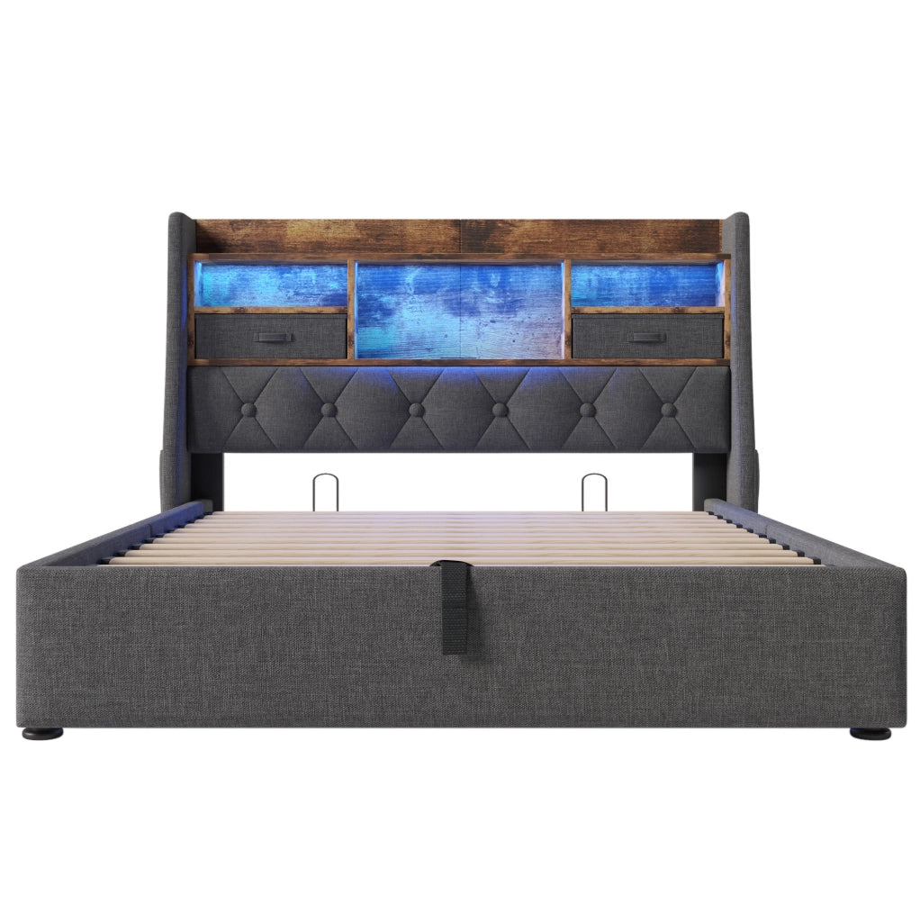 Letto matrimoniale contenitore 140x200 cm in lino grigio con LED; USB e USB-C