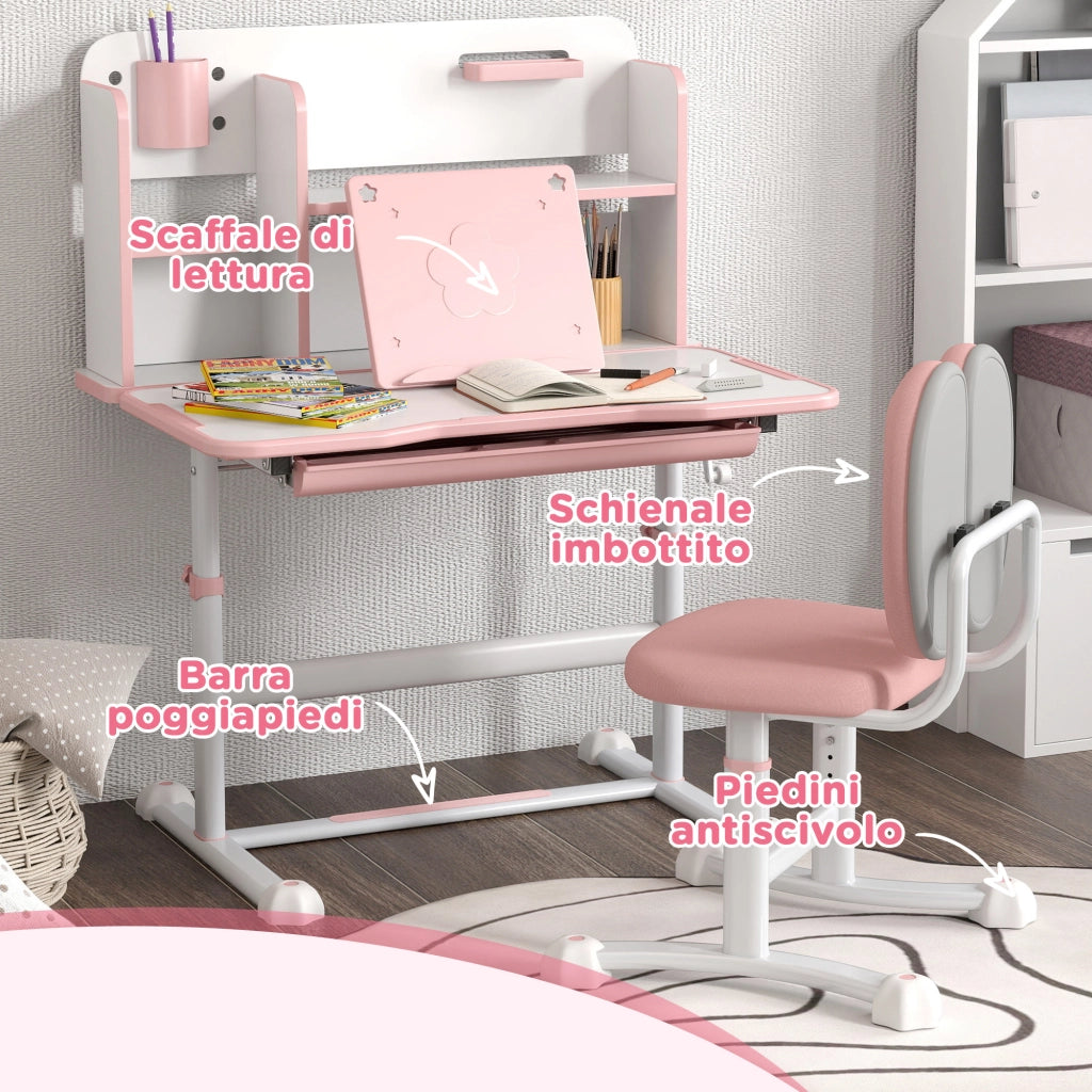 Set Scrivania e Sedia per Bambini Regolabili, Banco Scuola con Piano Inclinabile, Cassetto, Scaffale, Rosa