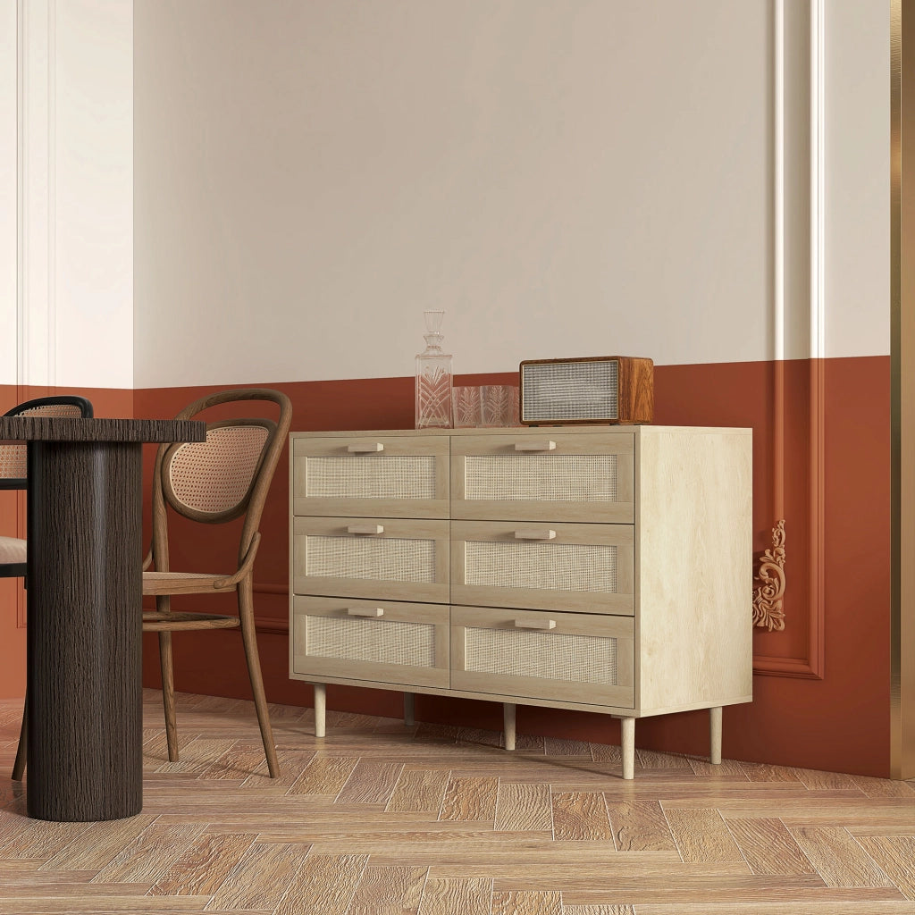 Cassettiera 6 Cassetti in Legno e Rattan Stile Boho per Soggiorno e Camera da Letto. 110x40x75 cm