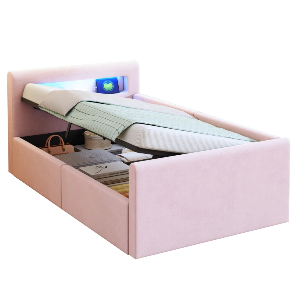 Letto imbottito 90x200 cm con LED; luce notturna; USB e contenitore in velluto rosa