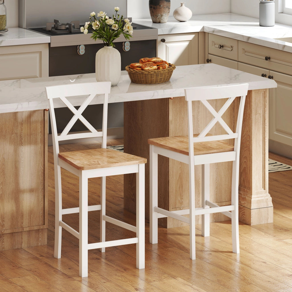 Set 2 Sedie da Bar con Schienale e Poggiapiedi ¨C Zephmum ¨C Legno Hevea Colore E+Beige