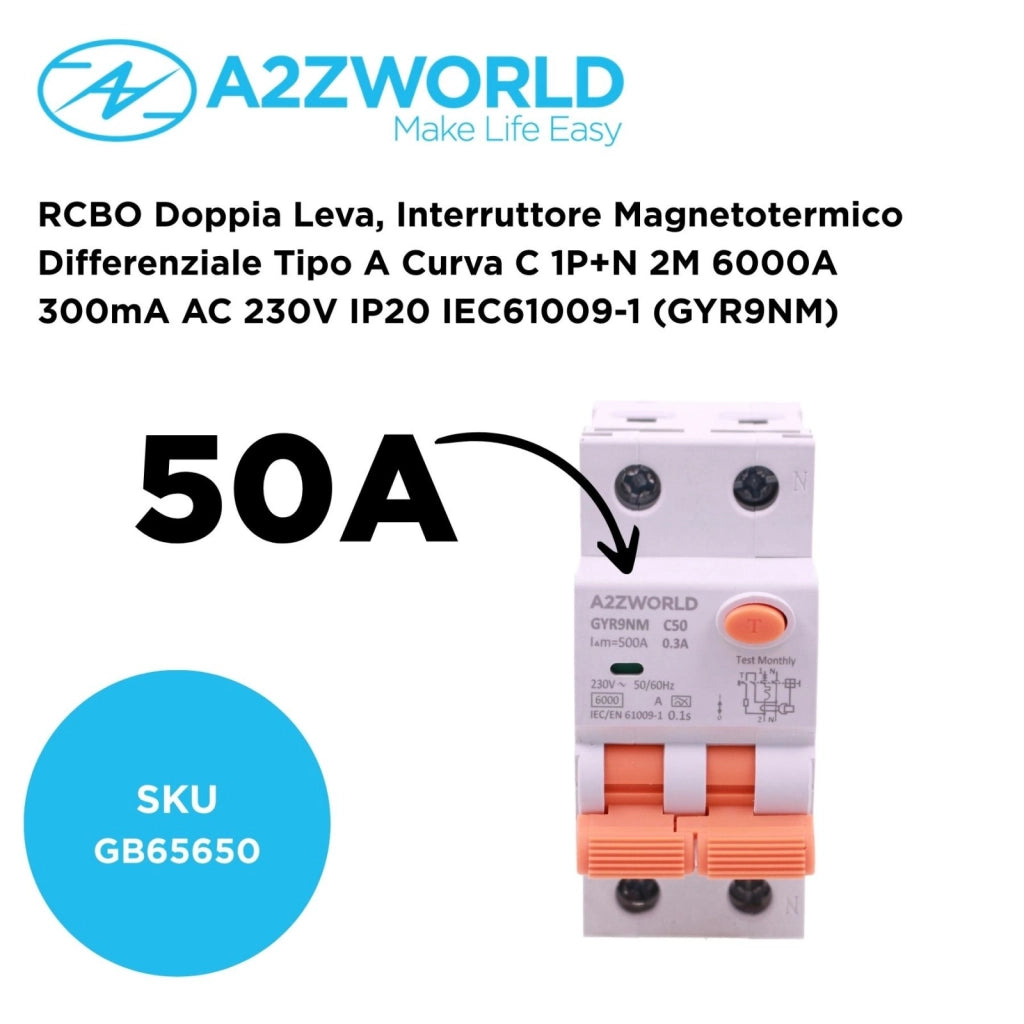 RCBO Doppia Leva, Interruttore Magnetotermico Differenziale Tipo A Curva C 1P+N 2M 6000A 300mA AC 230V IP20 IEC61009-1 GYR9NM, Disponibili 40A 50A 63A (C50A)