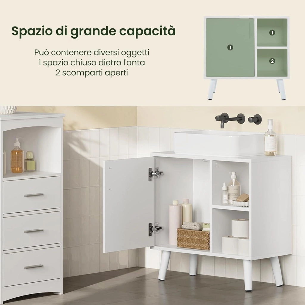 Mobile Bagno con Anta, Lavandino con 2 Vani a Giorno, Mobiletto da Bagno Freestanding, Legno Massiccio, Bianco, 60x30x60 cm