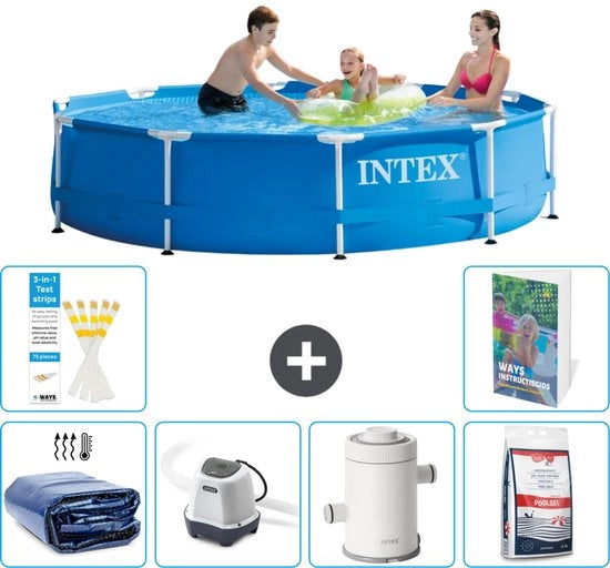 Piscina Rettangolare in Acciaio - 305 x 76 cm - Blu - Inclusa Tenda Solare - Sistema di Salatura - Pompaggio Filtro - Sale per Piscina - 7 pezzi