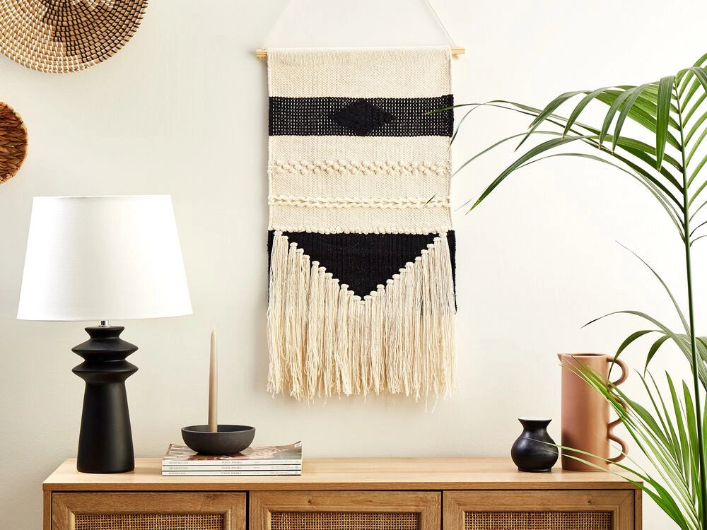 Decorazioni da parete in cotone nero beige nappa fatta a mano arte della parete motivo geometrico boho per soggiorno camera da letto