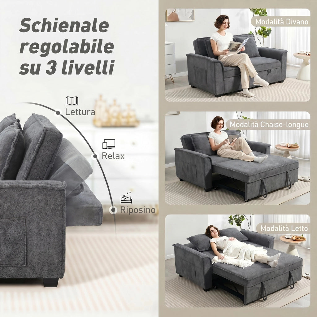 Divano Letto 2 Posti 3 in 1 con Schienale Regolabile in 3 Posizioni e 2 Cuscini in Ciniglia Grigio Scuro