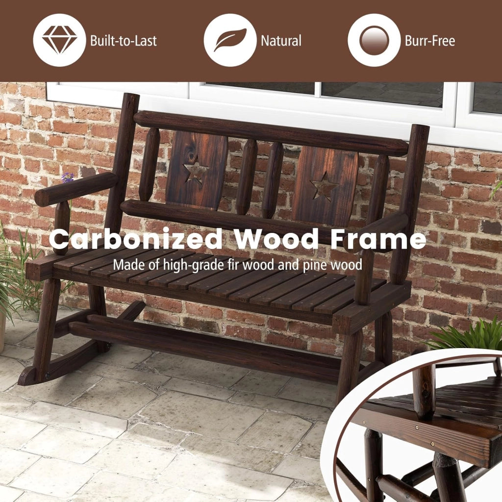 Sedia a Dondolo 2 Posti da Balcone, Panchina a Dondolo da Giradino in Legno di Pino e Abete, Sedia Dondolo Ergonomica Esterno Portato 320kg con Schienale e Braccioli, 111x85x89cm, Marrone