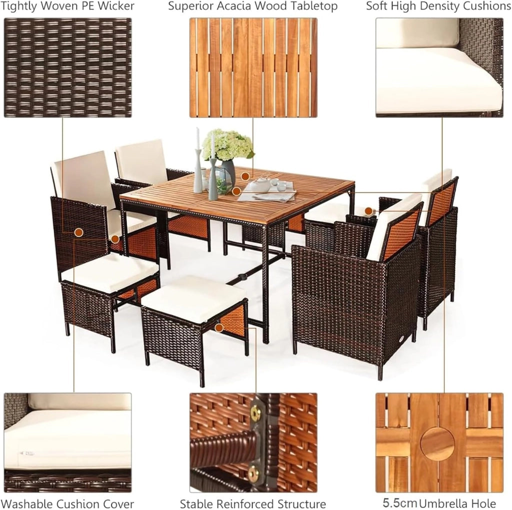Set di mobili da giardino 8 sedie con tavolo, set da 9 mobili da giardino in rattan, con tavolo da balcone, 4 sedie da pranzo e 4 sgabelli scorrevoli (cuscini beige), KZ03907