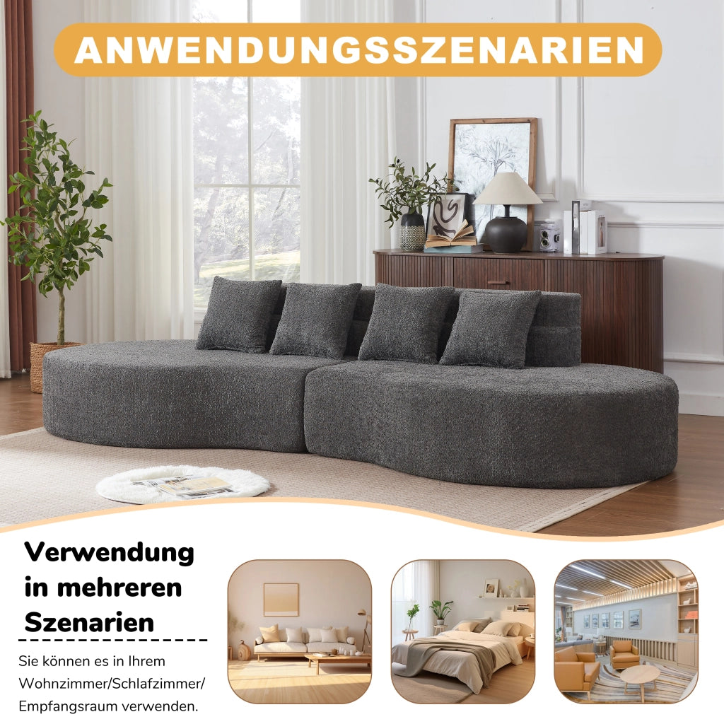 Divano modulare in ciniglia con schienale a strati e design arrotondato, componibile in due pezzi per interni moderni grigio