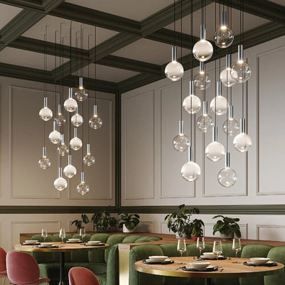 Zafferano Lampada a sospensione Sfera LED in alluminio e vetro borosilicato soffiato a bocca, luce calda 2700K, diametro 18 cm, colore alluminio