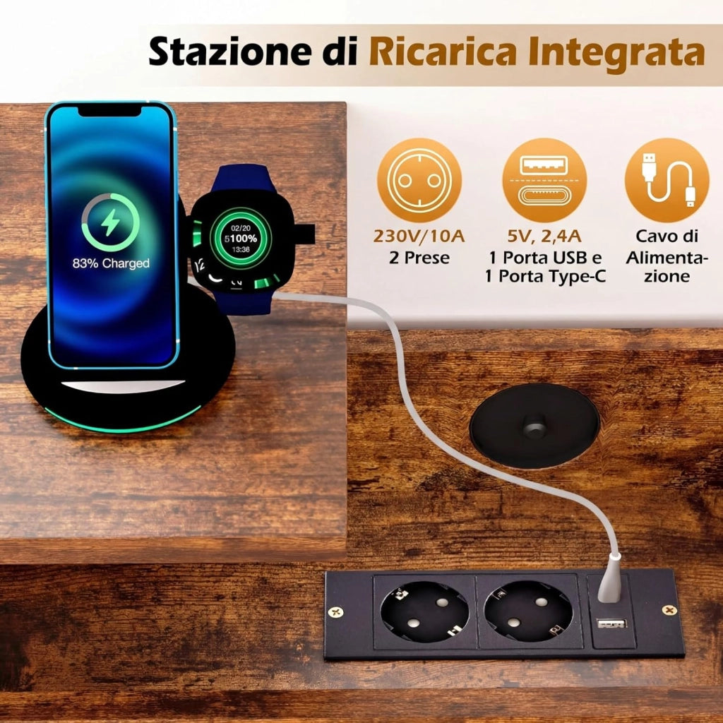 Tavolino con Piano Sollevabile e Stazione di Ricarica, Tavolino Laterale con Ruote Bloccabili, Contenitore Nascosto e Ripiani Aperti, Mobile per Camera da Letto e Soggiorno
