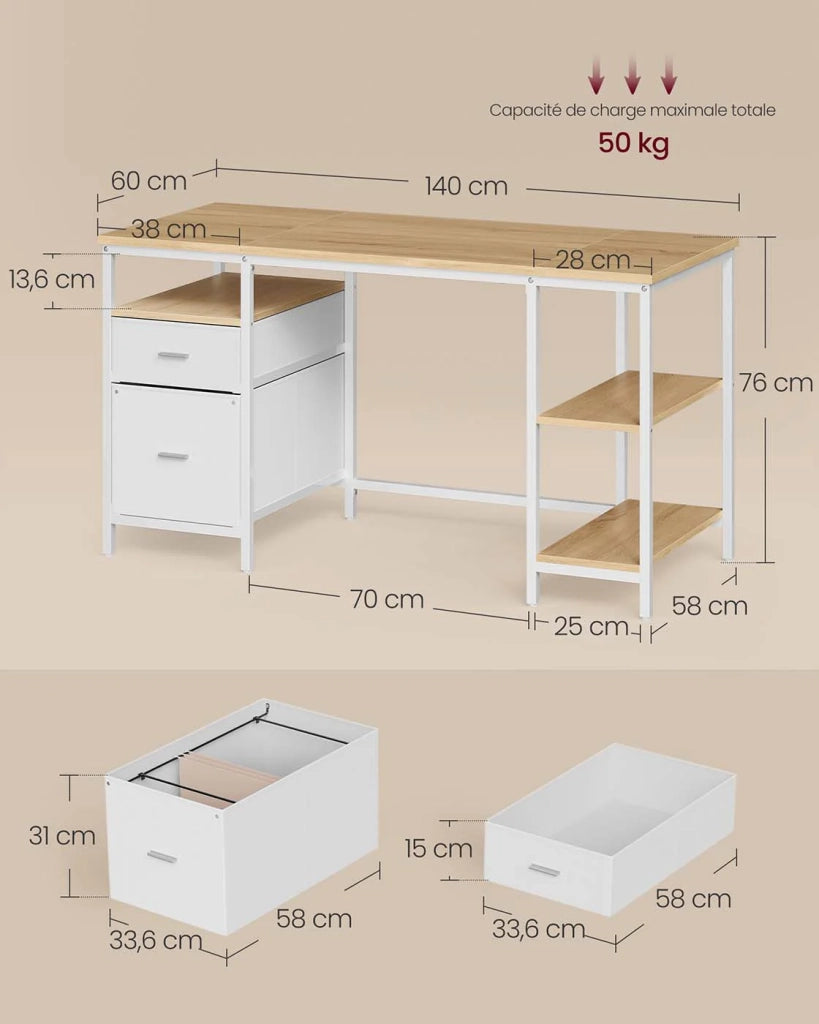 Scrivania per computer con contenitore 3 ripiani 2 cassetti 60 x 140 x 76 cm per ufficio/soggiorno stile industriale marrone 12_0004570