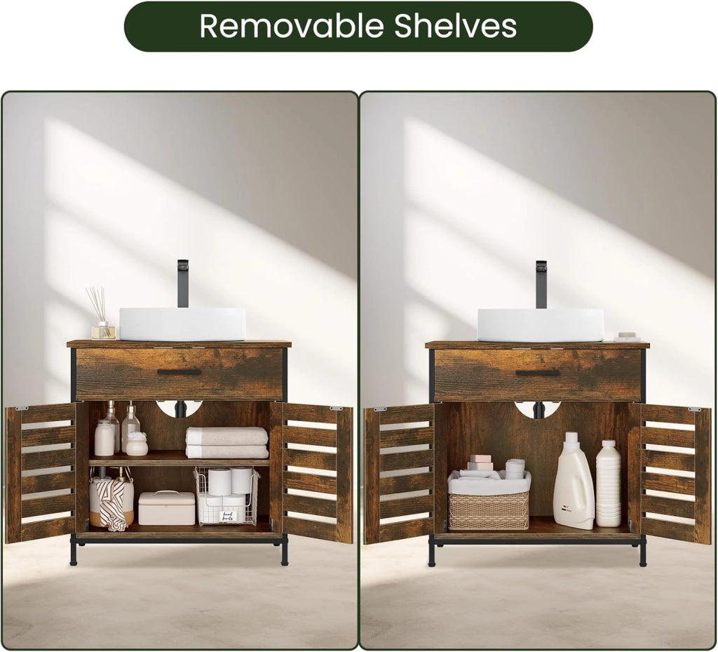 Mobiletto, Mobile Lavabo, Mobile Bagno, con 1 Cassetto Grande, 2 Ante a Ribalta, Ripiano Regolabile, MDF, 60x30x60cm, Marrone Rustico
