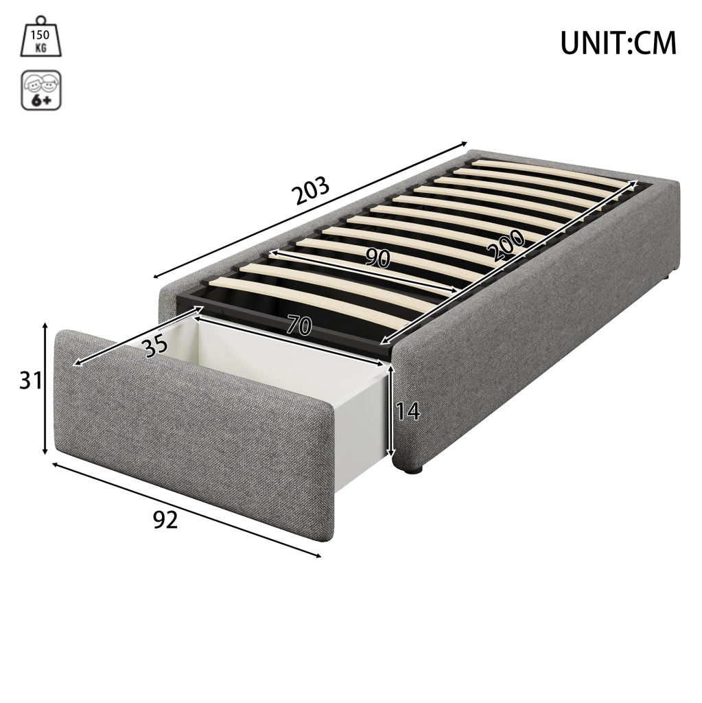 Letto imbottito 90x200 cm senza testiera; con contenitore idraulico e cassetto; grigio