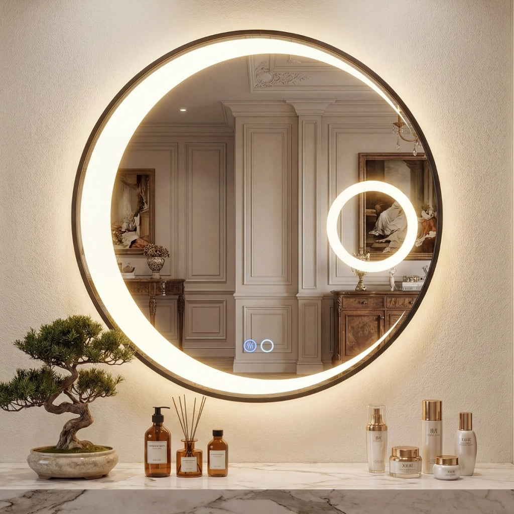 Specchio da trucco circolare con 3 colori di luce e lente d¡¯ingrandimento 3X-Specchio smart da parete da 61 cm