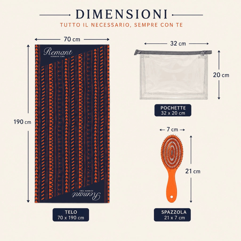 Set Mare 3 Pezzi con Telo Mare in Microfibra 90x170 cm, Pochette Trasparente 32x20 cm con Zip e Spazzola Districante – Kit Spiaggia e Piscina – Fantasie Assortite - IDEA REGALO