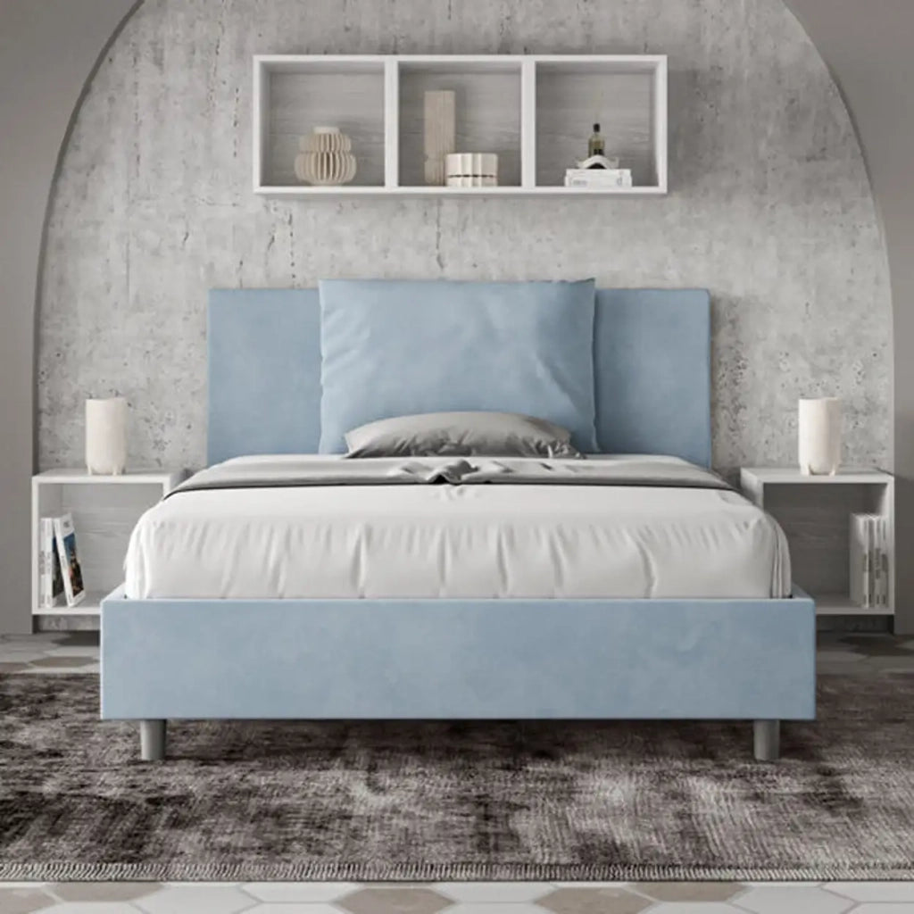 Letto matrimoniale francese contenitore imbottito 140x210 microfibra azzurro Antea