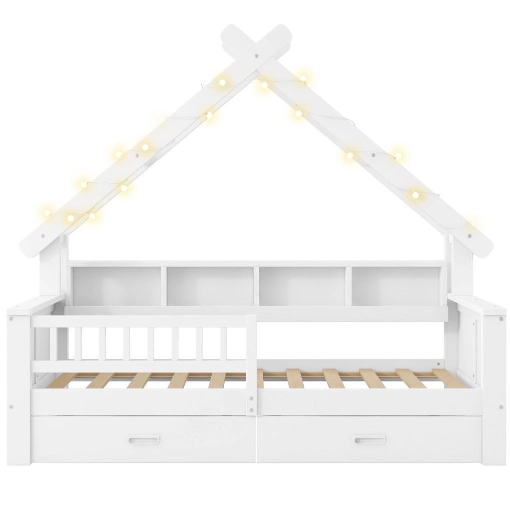 Letto a casetta per bambini 90x200 cm con LED; ripiani; 2 cassetti e sponde; bianco