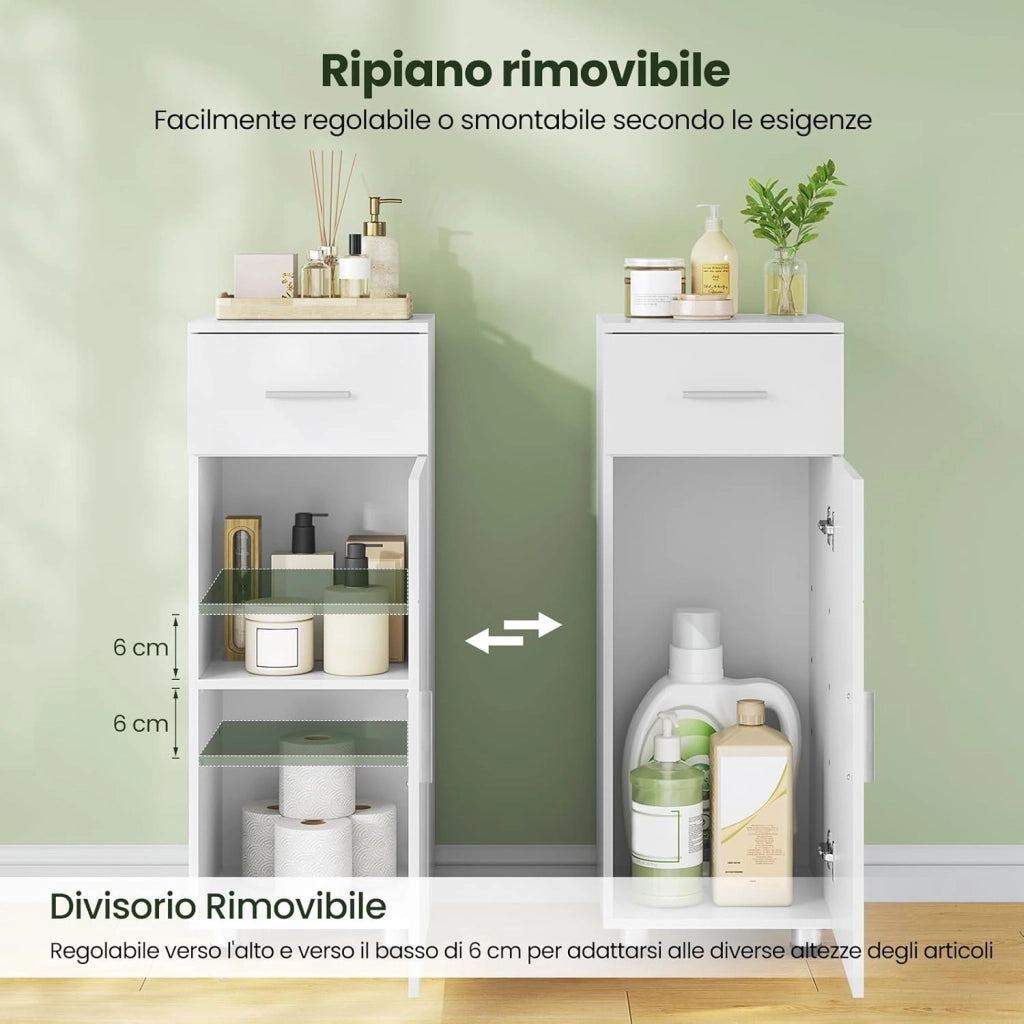 Mobiletto da Bagno Salvaspazio a Colonna, Armadietto in Legno, Mobile da Bagno a Terra, con Cassetto, Anta e Ripiano Regolabile, Bianco