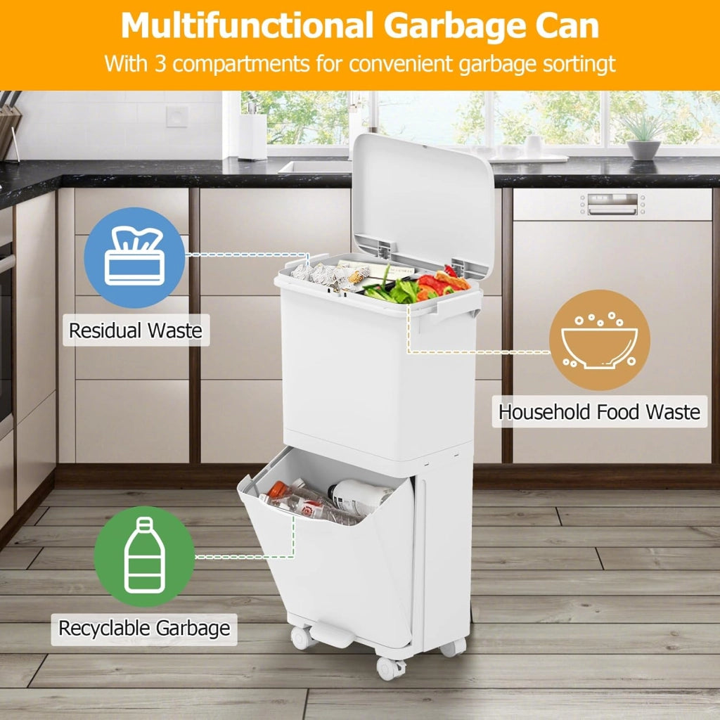Bidone della Spazzatura da Cucina 36L, Doppio Strato con 3 Secchi Rimovibili, Etichette per Classificazione, Contenitore con Ruote per Raccolta Differenziata(36 L)
