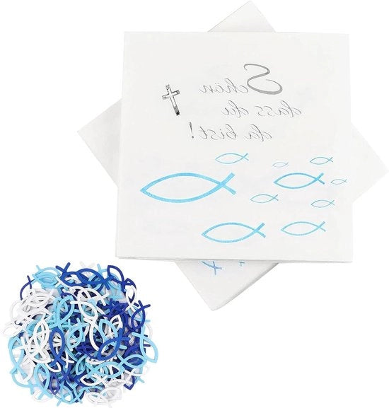 50 pezzi di decorazione in legno di pesce e 20 tovaglioli di decorazione per comunione decorazione blu e bianco per la tavola
