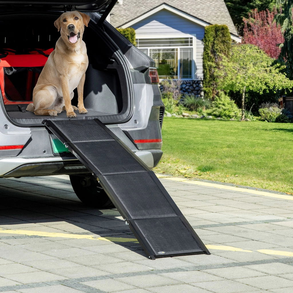 RAMPA PER CANI PIEGHEVOLE CON SUPERFICIE ANTISCIVOLO IN MDF E ALLUMINIO, 158X43.5X2.5 CM, NERO