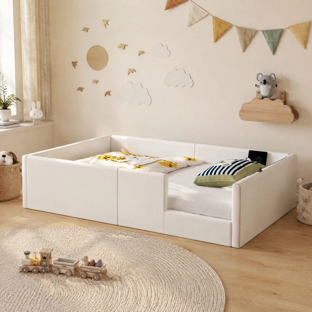 Letto a piattaforma 90x200 cm con sponde imbottite e stazione di ricarica USB/Type-C; bianco
