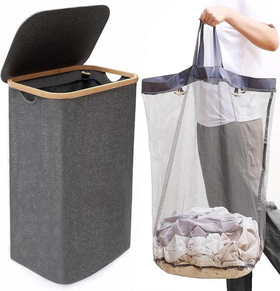 Wastino con coperchio, 110 litri, grigio, lavastoviglio con maniglia in bambù e tasca interna, tessuto spaziale, contenitore per la conservazione di abbigliamento