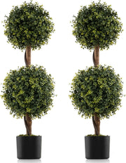 Set di 2 alberi artificiali Topiari di Bosso, piante finte con foglie realistiche in PE e tronco simulato, vaso di cemento e copertura di muschio, pianta per ingresso, soggiorno