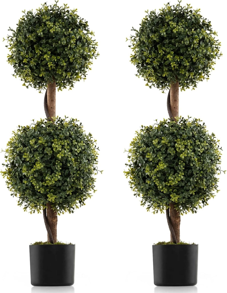 Set di 2 alberi artificiali Topiari di Bosso, piante finte con foglie realistiche in PE e tronco simulato, vaso di cemento e copertura di muschio, pianta per ingresso, soggiorno