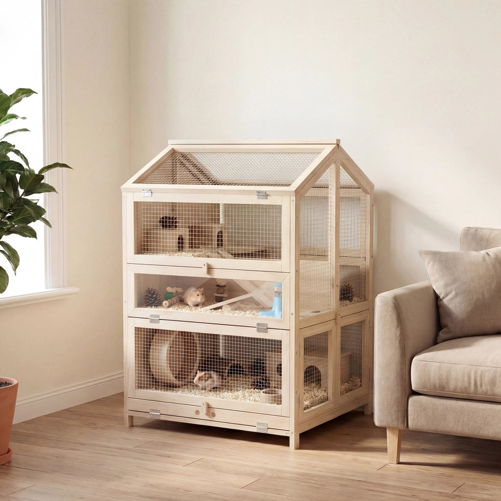 Casetta per Criceti 3 Livelli in Legno con Bebederi, Scivoli, Cassetto Estraibile ¨C Zephmum ¨C Naturale