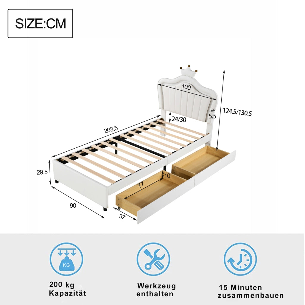 OKWISH Letto Bambino 90×200 cm, Letto Singolo con 2 Cassetti, LED Regolabile e Testiera Regolabile, senza Materasso, PU Bianco