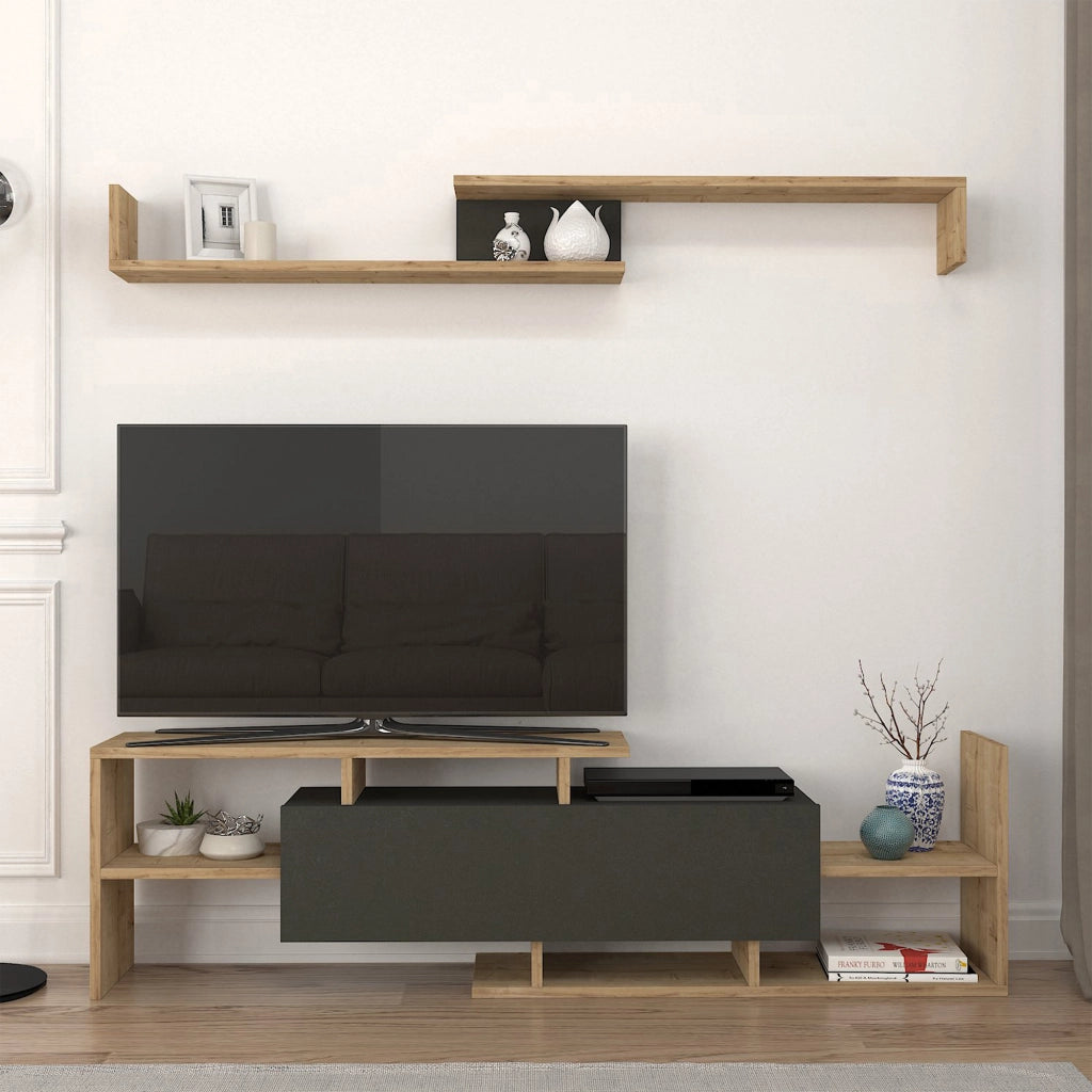 Set Liksefte di Mobile Porta TV e Mensola da Parete - Effetto Rovere Zaffiro / Nero [en.casa]