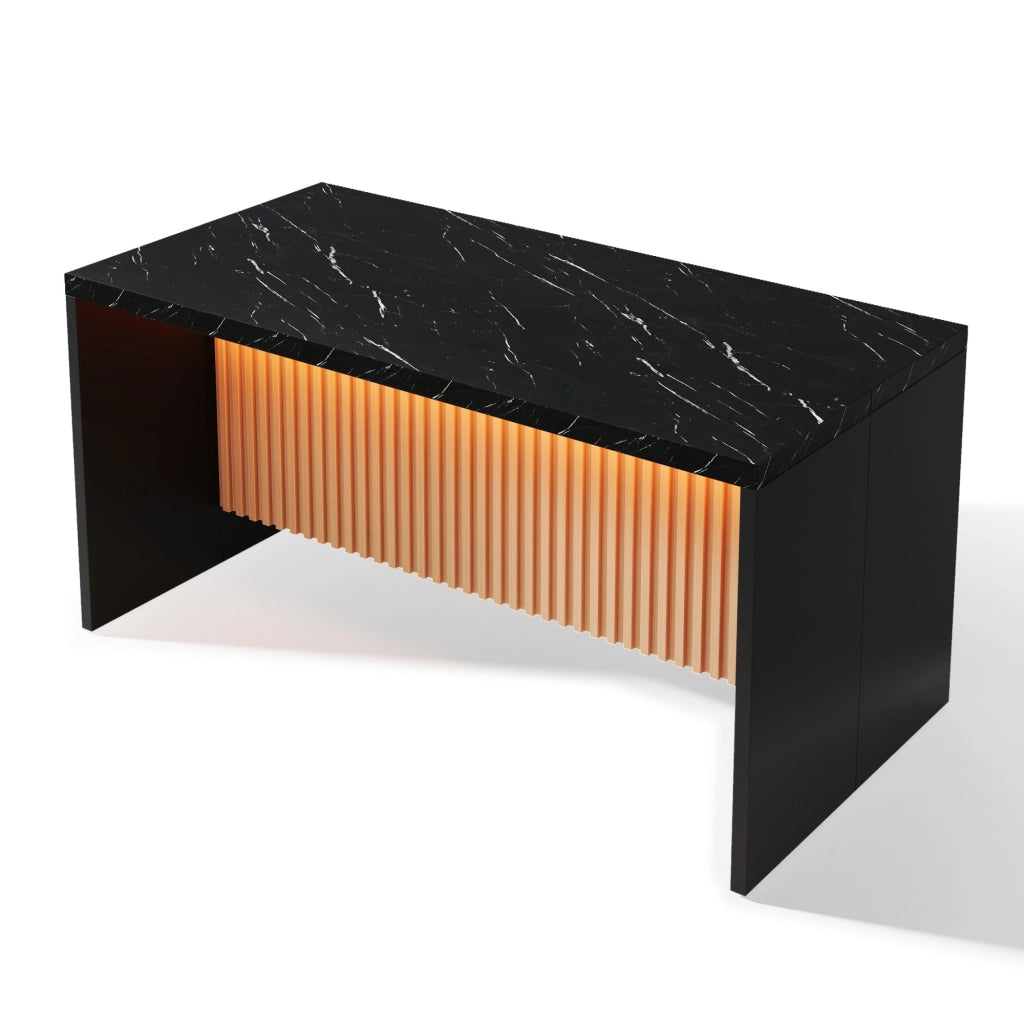 Isola cucina 155x80x90 cm in MDF nero effetto marmo, con LED, prese elettriche e porte USB, piano da 40 mm