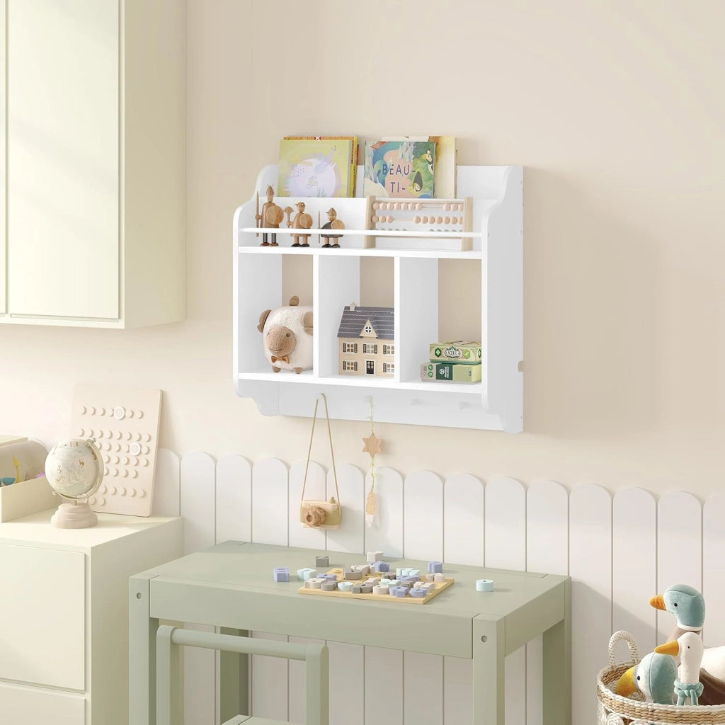 Scaffale per Bambini, Scaffale a Muro per Libri, Scaffale a Muro per Libri, Unità di Archiviazione con 3 Cubi Aperti, 4 Pomelli per Appendere, Mobili per Asilo Nido, Bianco