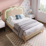 Letto singolo ULEVR 90x200 cm con testiera LED regolabile e rete a doghe, imbottito in lino beige