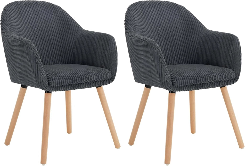Set di 2 Sedie Sala da Pranzo, Sedie Cucina, Poltroncina, Sedia Imbottita per Camera da letto Ufficio, Salotto, Seduta in Velluto a Coste, Gambe in Legno Massiccio, Grigio Scuro, EZS26dgr-2