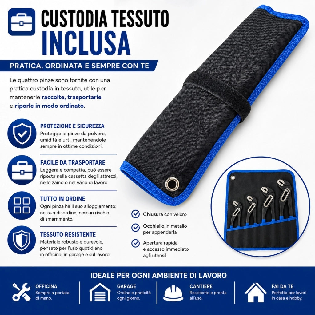 4 Pinze Regolabili Pappagallo 175/200/250/300 mm con Custodia