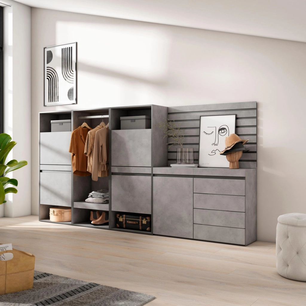 Scarpiera, 287x35x145cm, Camera da letto, Armadio Aperto, Cassettiera, Pannelli Decorativi, grigio cemento RF3526