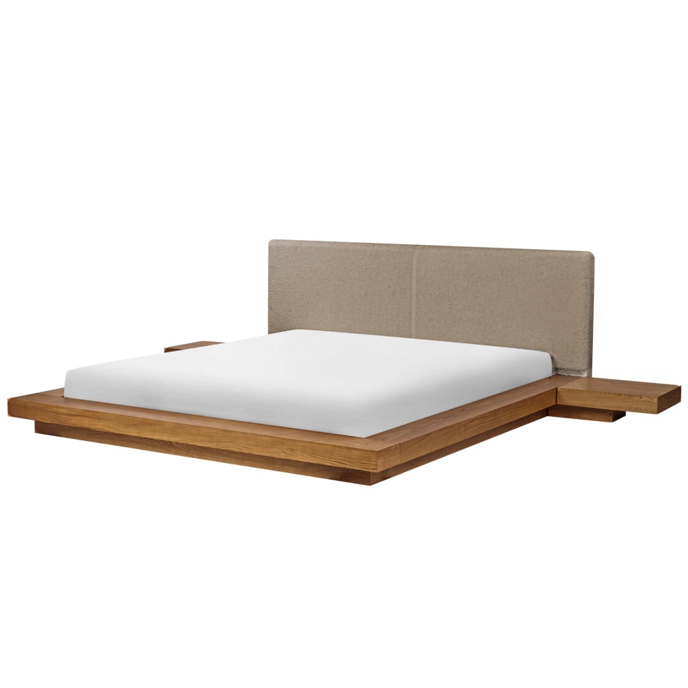 Letto LED in stile giapponese in frassino naturale 180 x 200 cm testata in legno impiallacciato bouclé tortora camera da letto a basso profilo