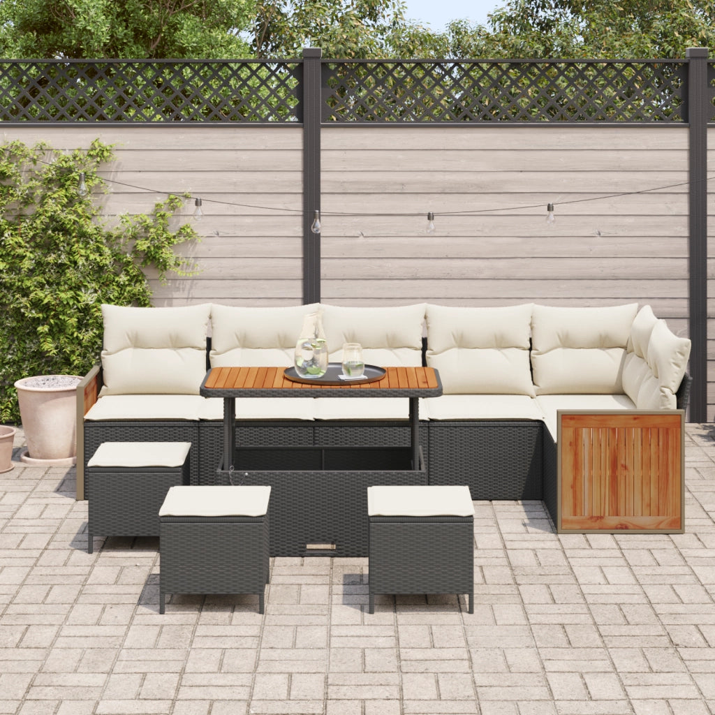 Set di Divani da Giardino 10 Pezzi con Cuscini Nero Polyrattan Acacia