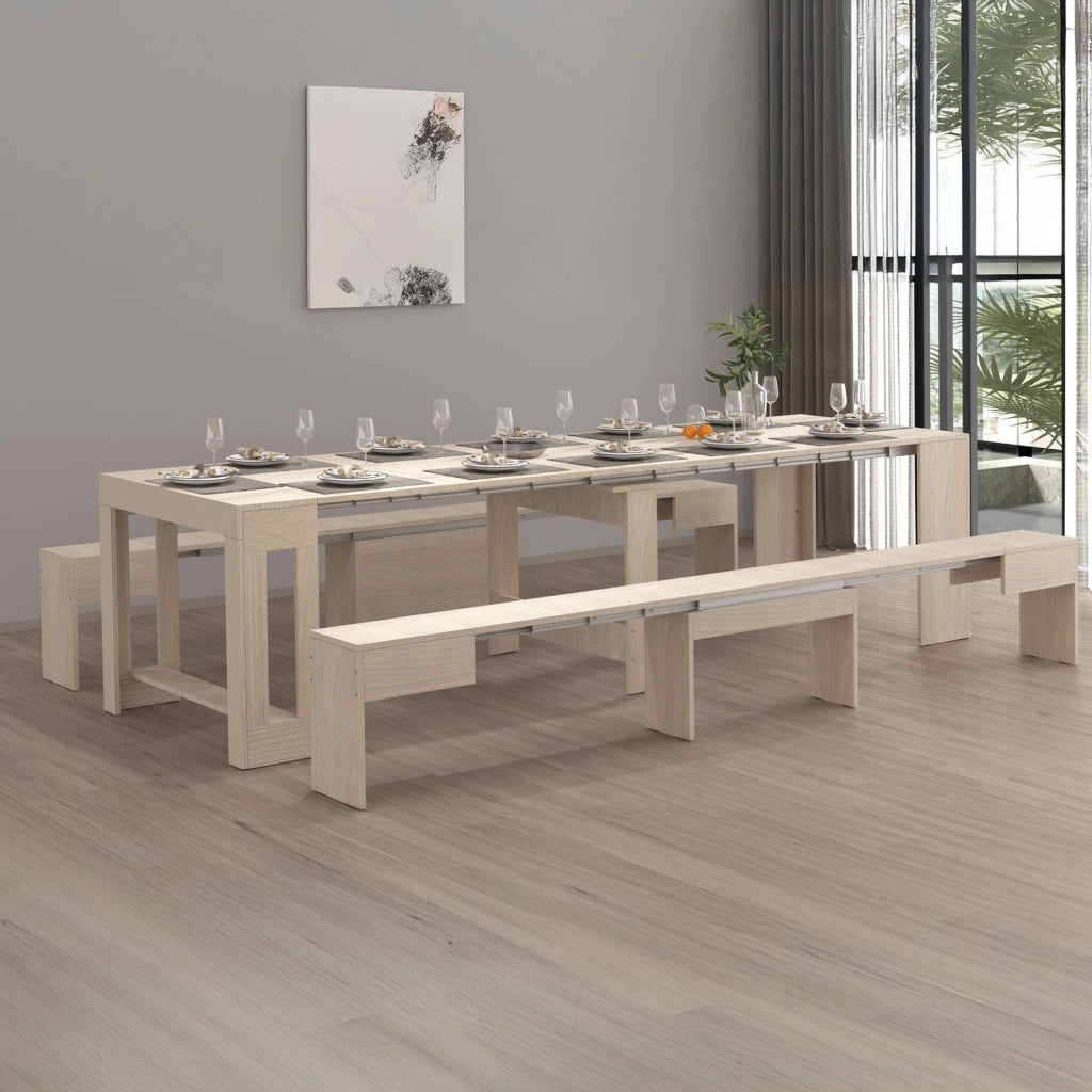 Panca Quedan, Set di 2 sedute per tavolo da pranzo, Panche allungabili, 290x25h45 cm, Olmo
