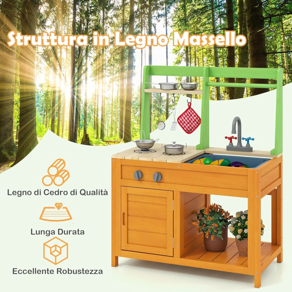 Cucina Giocattolo in Legno, Cucina da Gioco all'Aperto con Fornelli Realistici, Rubinetto, Lavandino, Forno e Accessori per Pentole, Giocattoli per Bambini dai 3+ Anni