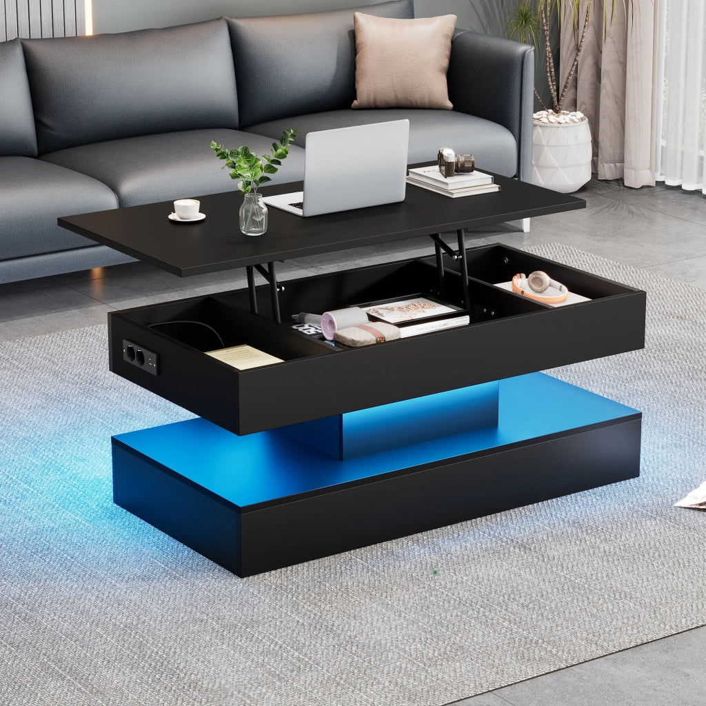 TAVOLINO da caffè alzabile 100x50x42 cm con LED e prese UE nero in truciolare