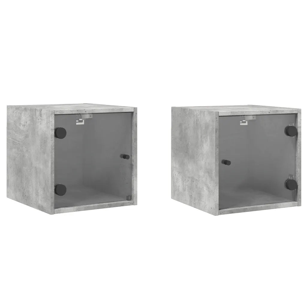 Set di 2 Comodini | Armadio da Notte | Mobiletto da notte con Ante in Vetro Grigio Cemento 35x37x35 cm