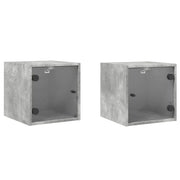 Set di 2 Comodini | Armadio da Notte | Mobiletto da notte con Ante in Vetro Grigio Cemento 35x37x35 cm
