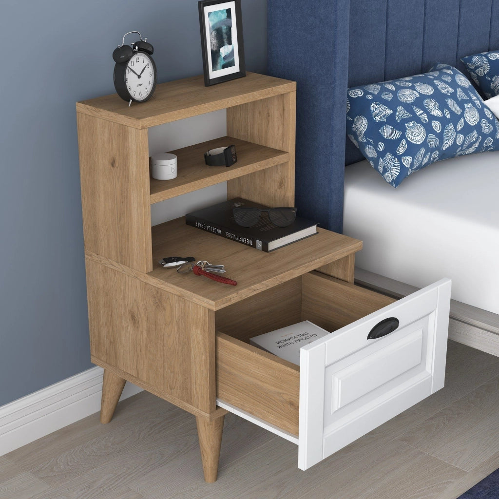 Salassa, Comodino un Cassetto, 45x40x74h cm Marrone Rovere