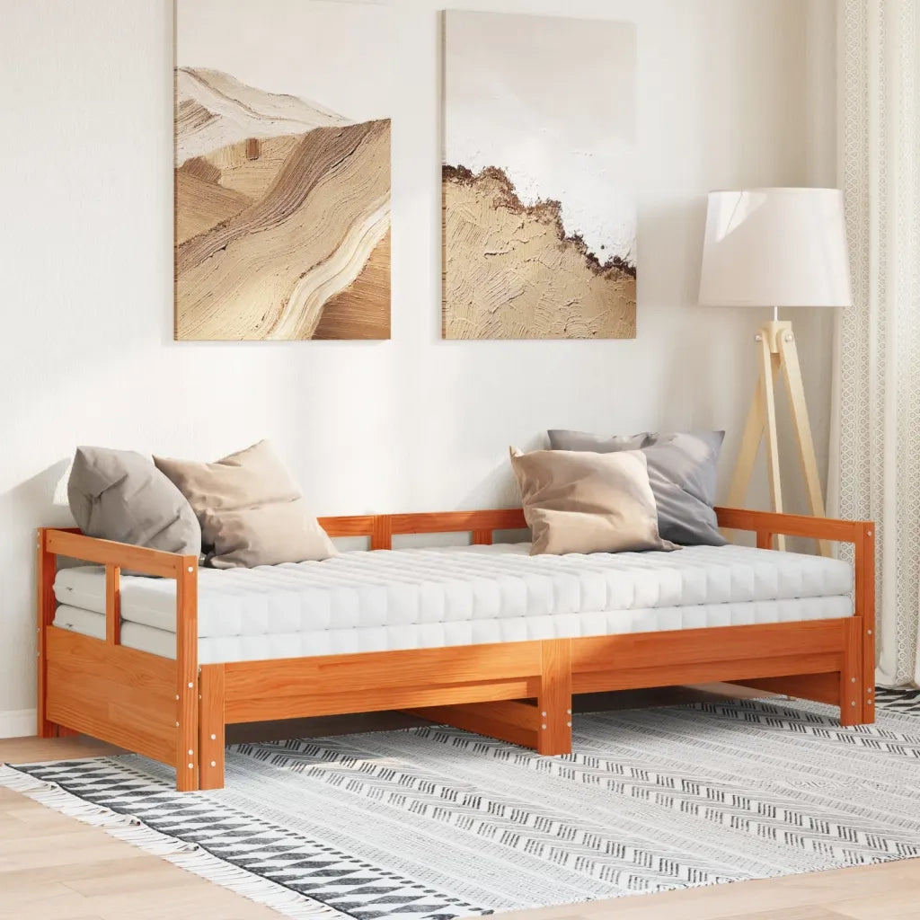 Divano Letto con Rotelle e Materasso Marrone Cera 80x200cm Pino 3321040