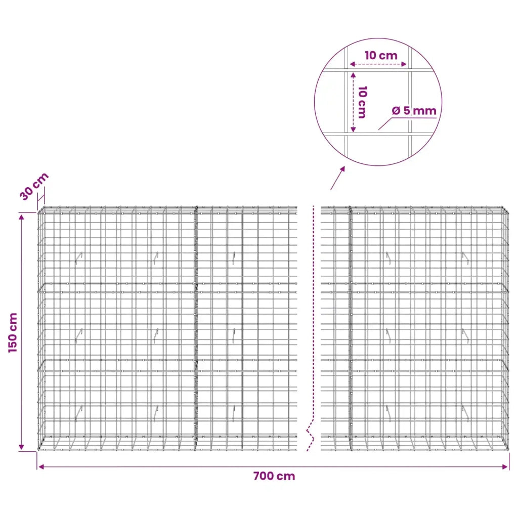 Gabione con filo da 5 mm e rete 10x10 cm 700x30x150 cm 3465152
